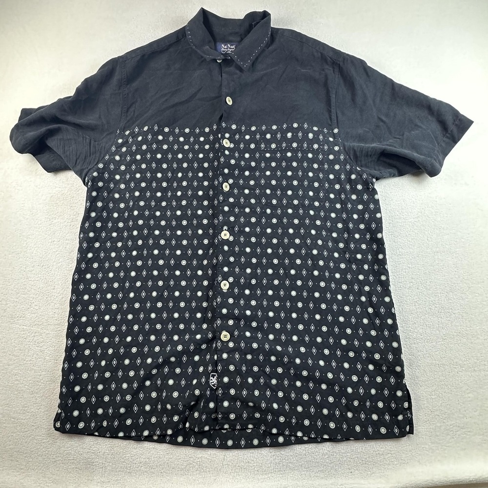 Nat Nast Silk Shirt Mens Medium Black Geometric Button Up American Fit Casual
